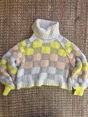Free People Checkerboard Turtleneck Sweater in Yellow, Peach & Cream